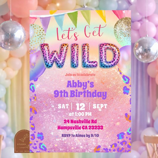Colorful Rainbow Leopard Let's Get Wild Birthday I 招待状