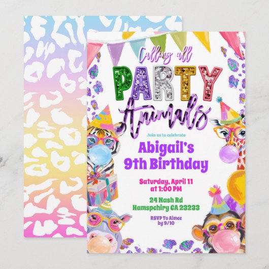 Colorful Rainbow Sequin Glitter Safari Birthday 招待状 (正面/裏面)