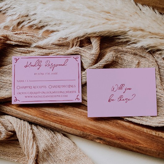 Colorful Raspberry Pink Hand Written Retro Wedding 出欠カード