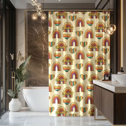 Colorful Retro Curtain Pastel Groovy Bathroom シャワーカーテン