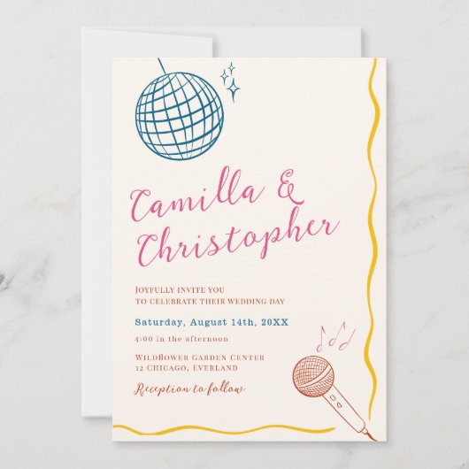 Colorful Retro Disco Wedding 招待状 (正面)