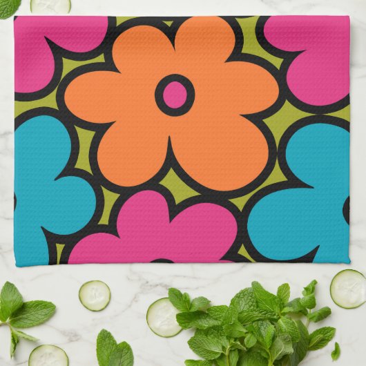 Colorful Retro Floral Pattern キッチンタオル (折り畳み)