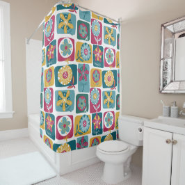 Colorful Retro Floral Pattern シャワーカーテン