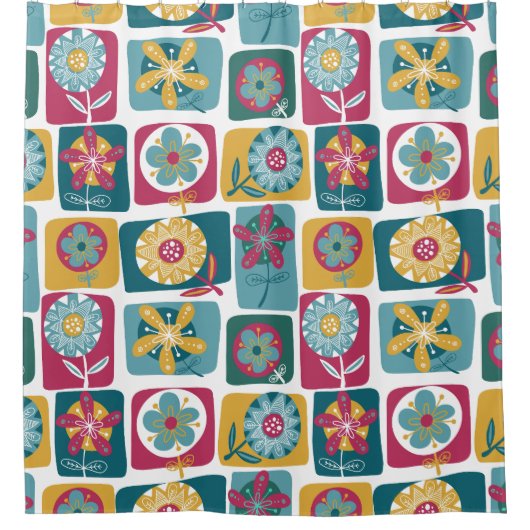 Colorful Retro Floral Pattern  シャワーカーテン (正面)