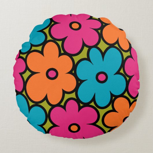 Colorful Retro Floral Pattern ラウンドクッション (正面)
