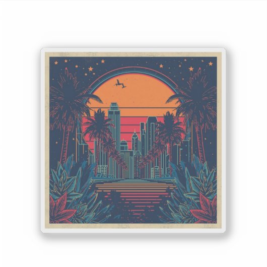 Colorful Retro Futuristic Doodle Style Skyline シール (正面)