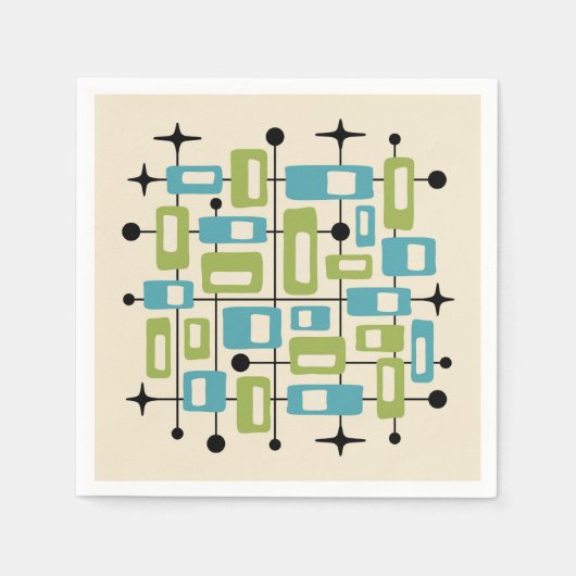 Colorful Retro Mid Century Modern Atomic Abstract スタンダードカクテルナプキン (正面)