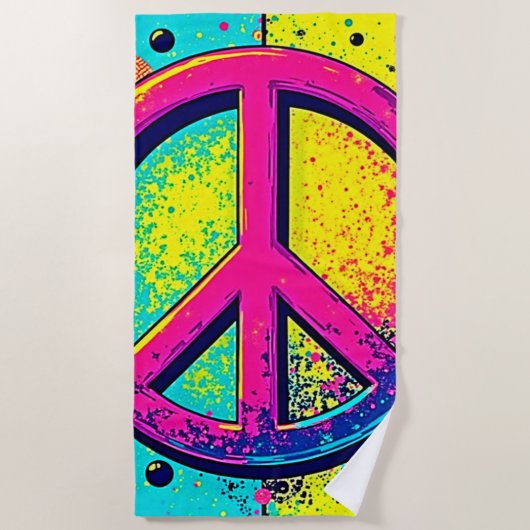 Colorful Retro Peace Sign ビーチタオル (正面)