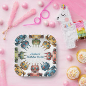 Colorful Retro Robots Boy Birthday Party ペーパープレート (パーティー)