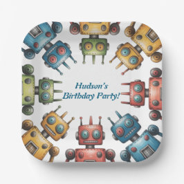 Colorful Retro Robots Boy Birthday Party ペーパープレート