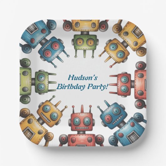 Colorful Retro Robots Boy Birthday Party ペーパープレート (正面)