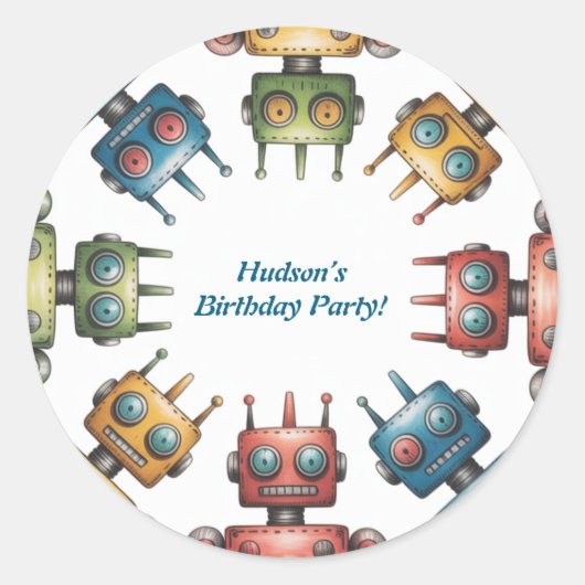 Colorful Retro Robots Boy Birthday Party ラウンドシール (正面)