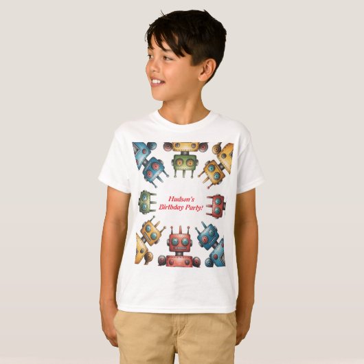 Colorful Retro Robots Boy Birthday Party Tシャツ (正面フル)