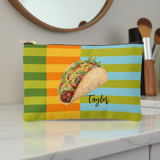 Colorful Retro Stripes Taco with Name アクセサリーポーチ