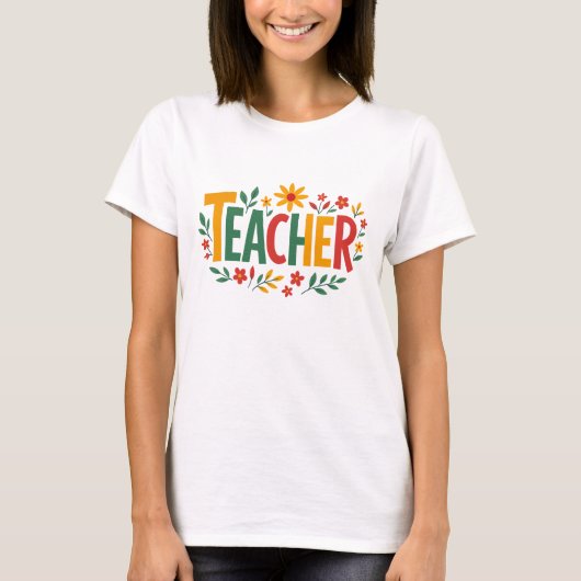 Colorful Retro Teacher Design with Whimsical Flowe Tシャツ (正面)