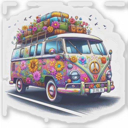 Colorful Retro Van With Stickers & Flowers シール (正面)