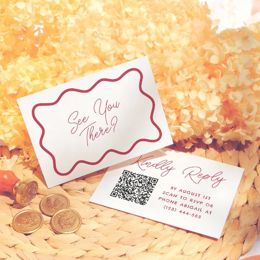 Colorful Retro Wavy Frame QR Code Wedding RSVP エンクロージャーカード