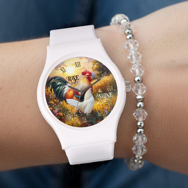 Colorful Rise and Shine Rooster 腕時計 (Rise and shine watch featuring a colorful painting of two roosters at sunrise)