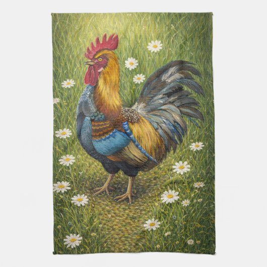 Colorful Rooster in Daisy Meadow Kitchen Towel キッチンタオル (縦)