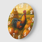 Colorful rooster in pumpkin harvest ラージ壁時計 (傾斜)