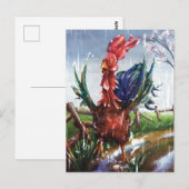 Colorful Rooster in Spring Rain Art Postcard ポストカード (正面/裏面)