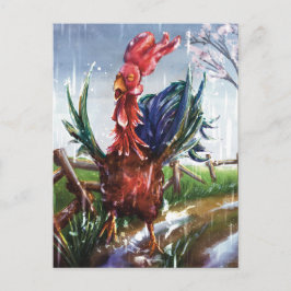 Colorful Rooster in Spring Rain Art Postcard ポストカード