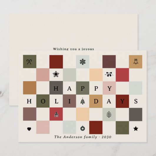 Colorful Rustic Cute Happy Holidays Checkerboard シーズンカード (正面/裏面)