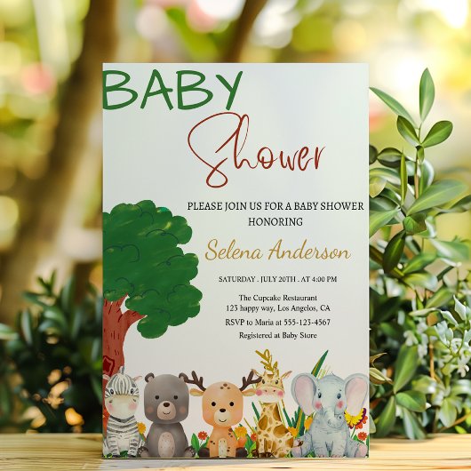 Colorful Safari Animals Baby Shower  招待状