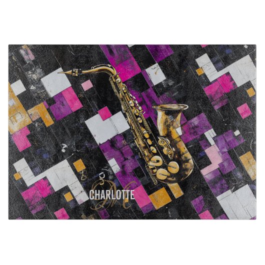 Colorful Saxophone pattern monogram name カッティングボード (正面)