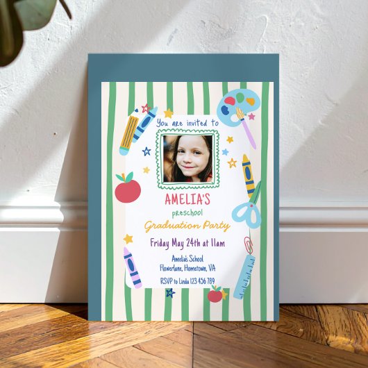 Colorful School Themed Photo Preschool Graduation 招待状