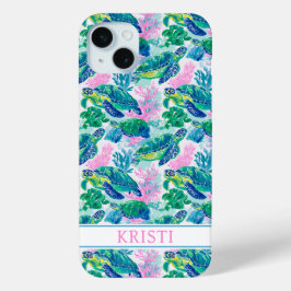 Colorful Sea Turtles Monogrammed iPhone 15 Miniケース