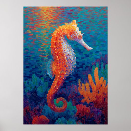 Colorful Seahorse Pointillism Ocean Painting ポスター (正面)