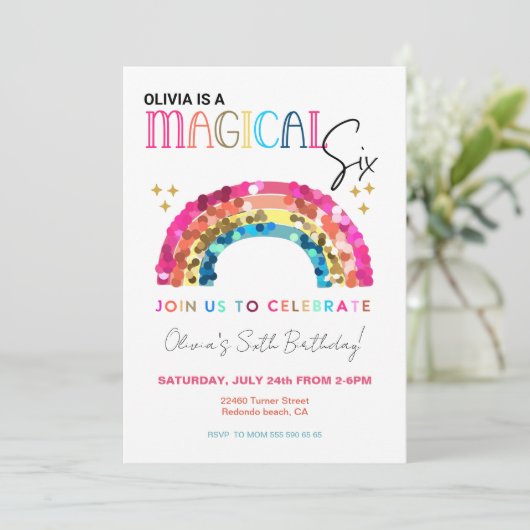 Colorful Sequin Rainbow 6th magical birthday 招待状 (スタンド正面)