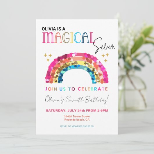 Colorful Sequin Rainbow 7th magical birthday 招待状 (スタンド正面)