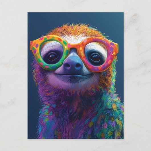 Colorful Sloth Fun Illustration with Glasses ポストカード (正面)