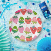 Colorful smiling strawberries Pink Green Birthday ペーパープレート (パーティー)