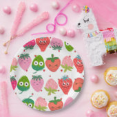 Colorful smiling strawberries Pink Green Birthday ペーパープレート (パーティー)