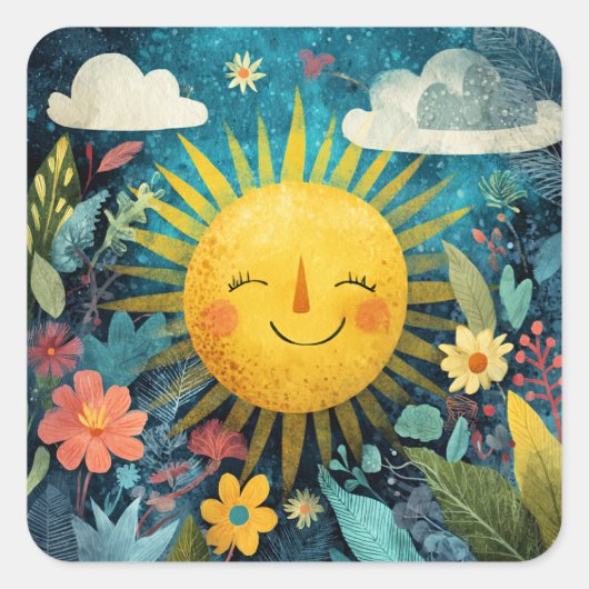 Colorful Smiling Sun Over Pretty Flowers スクエアシール (正面)
