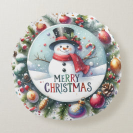 Colorful Snowman & Ornaments Christmas Pillow ラウンドクッション