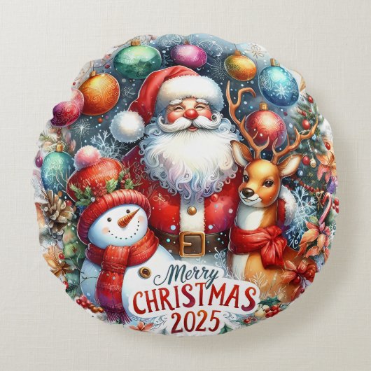 Colorful Snowman & Ornaments Christmas Pillow ラウンドクッション (正面)