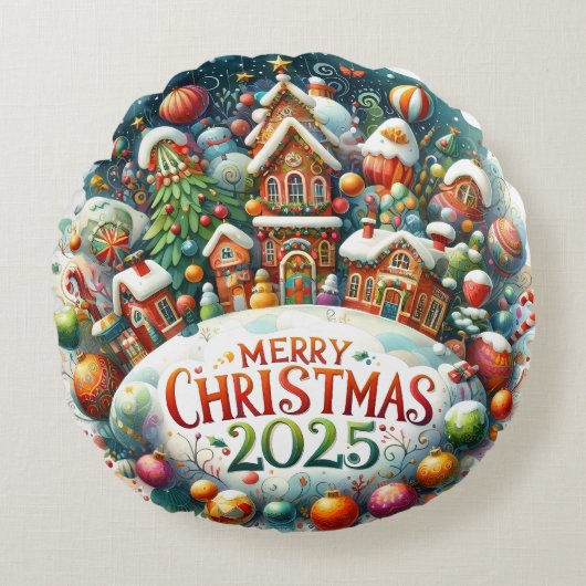 Colorful Snowman & Ornaments Christmas Pillow ラウンドクッション (正面)