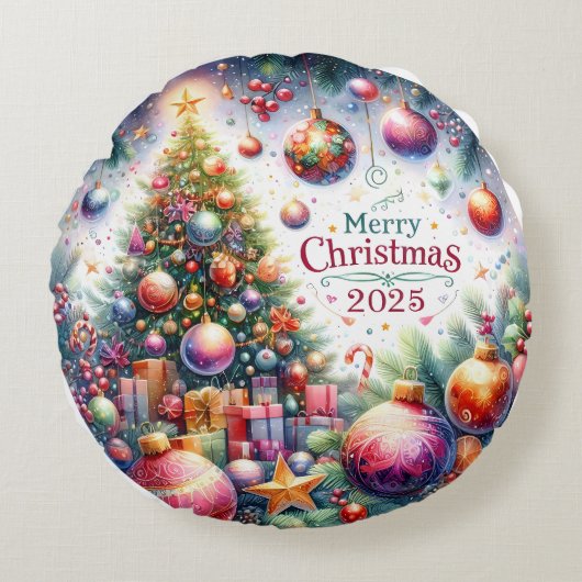 Colorful Snowman & Ornaments Christmas Pillow ラウンドクッション (正面)