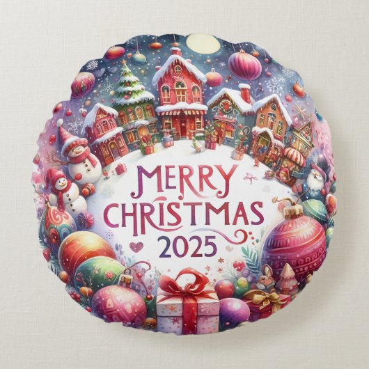 Colorful Snowman & Ornaments Christmas Pillow ラウンドクッション (正面)