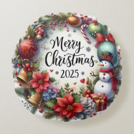 Colorful Snowman & Ornaments Christmas Pillow ラウンドクッション