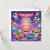 Colorful Space Monster Birthday Party with UFO カード (正面/裏面インサイチュ)