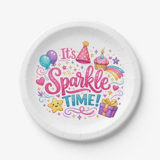 Colorful Sparkle Time Birthday Party Paper Plates ペーパープレート (正面)