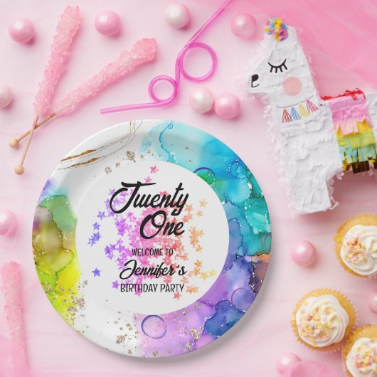 Colorful Splash Watercolor Birthday ペーパープレート (パーティー)