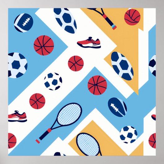Colorful Sports Pattern – Balls, Rackets & Sneaker ポスター (正面)