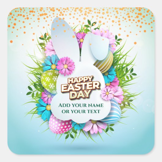 Colorful Spring Bunny Easter Eggs & Flowers スクエアシール (正面)