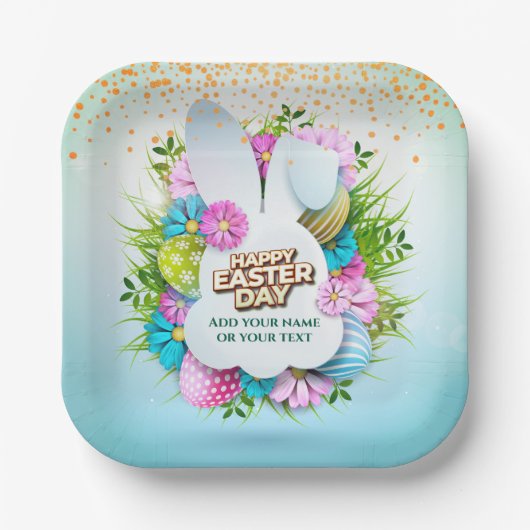 Colorful Spring Bunny Easter Eggs & Flowers ペーパープレート (正面)
